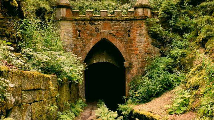 [Translate to English:] Gray concrete tunnel under green trees