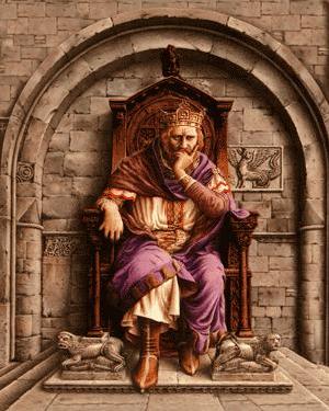 [Translate to English:] King Arthur seated on a throne